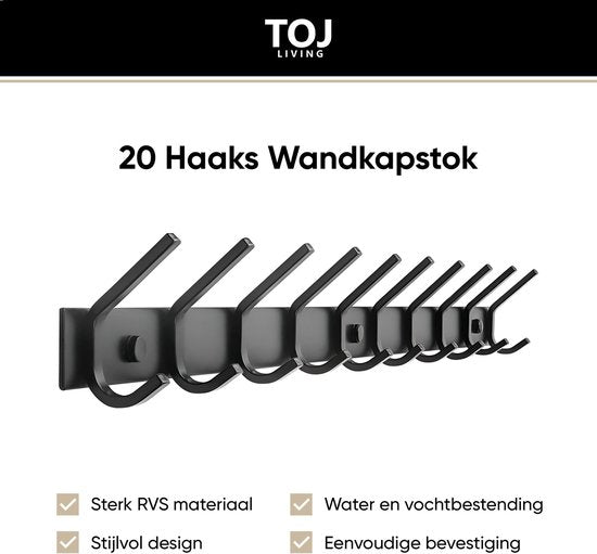 TOJ 20 Haaks Wandkapstok – 78cm - Muur / Wand Kapstok - Hangende Design Muurkapstok - Handdoekrek - RVS - Mat Zwart