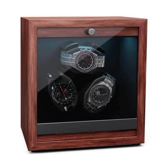 Klarstein Brienz 3 watchwinder, 3 horloges, 4 modi, houten look, blauwe binnenverlichting