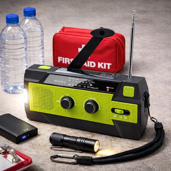 Noodradio 2026 - Klassieke Nooduitrusting Radio - Groen - Noodradio Met Zaklamp - Radio op Batterijen - Solar Powerbank - Noodradio Opwindbaar - Noodpakket - Dynamo Solar - Survival Radio - Zwart