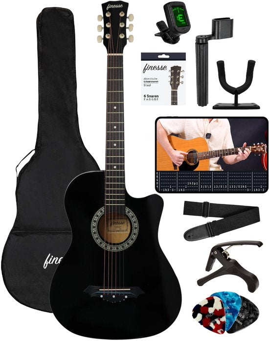 Finesse Akoestische Gitaar - met Videocursus - Western Gitaar - Gitaar Kind & Volwassenen - Zwart