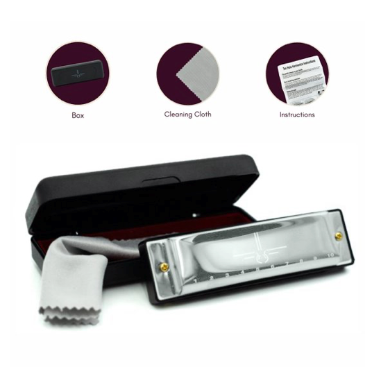 Mondharmonica C voor Volwassenen en Kinderen - Instructieblad - Metallic Silver Blues Harp