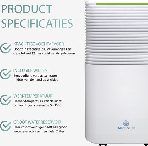 Aironex L012 Luchtontvochtiger - 2L Reservoir - Extreem Stil - 25 x 45 x 22 cm - Wit